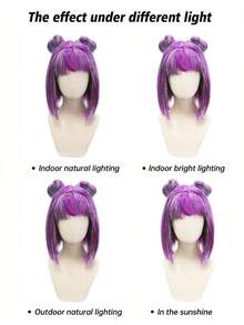 Neon Green Purple Silver Space Bun Wig, Smooth Straight Hair With Bangs, Breathable Adjustable Cap, Suitable For Colorful Party, Nightclub Photo Shoot, Cute Women's Styling Set - Multicolor - View 12