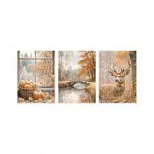 3Pcs Vintage Autumn Forest Canvas Wall Art, Spotted Deer Pumpkin Basket Wooden Bridge Lake Fall Oil Painting Prints, Rustic Farmhouse Decor For Living Room, Bedroom, Kitchen, Fall Nature Home Decoration, Halloween Decor, Posters & Prints, Frameless - 841 - View 15