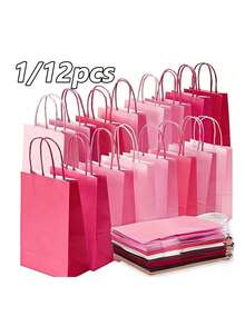 12/24pcs Pink And Rose Red Paper Gift Bags With Handles, Romantic Party, Wedding And Holiday Decoration - Multicolor - View 7