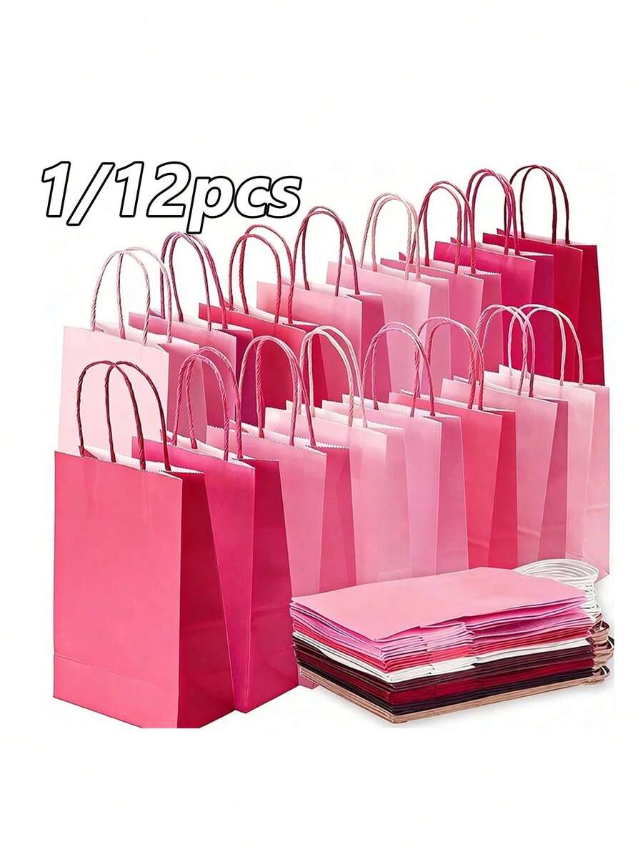 12/24pcs Kantong Kado Kertas Warna Pink dan Merah Mawar dengan Pegangan, Dekorasi Pesta Romantis, Pernikahan dan Liburan - Beraneka warna - View 1