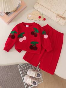 2pcs Baby Girl Cute Casual Red Towel Embroidered Flower Long Sleeve Sweatshirt And Pants Set Thin Spring Autumn - Red - View 1