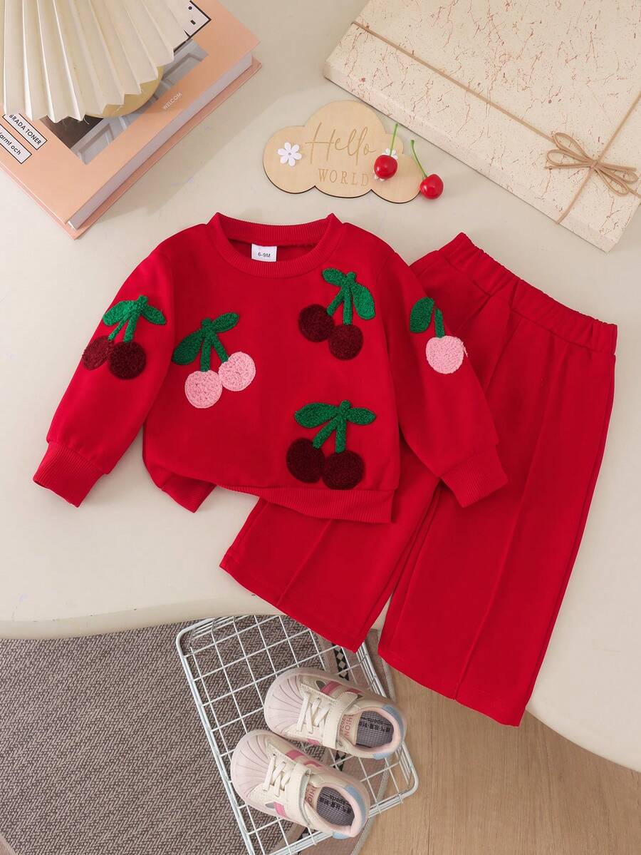 2pcs Baby Girl Cute Casual Red Towel Embroidered Flower Long Sleeve Sweatshirt And Pants Set Thin Spring Autumn - Red - View 1