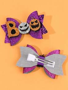 2pcs Halloween Purple Glitter Hair Bow Clips-Cartoon Pumpkin Decor Bows Hair Accessories For Halloween Parties,Costume Nights - Multicolor - View 3