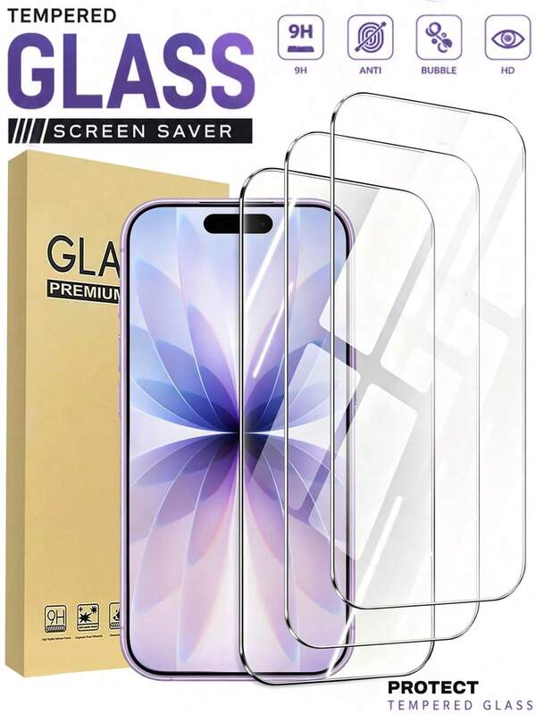 3pcs,Full Coverage High Definition Tempered Glass Screen Protector,Anti-Drop,Anti-Collision,Anti-Fingerprint,High Hardness Material Effectively Resists Daily Wear And Tear,Hard To Leave Scratches When Stored In Backpack Or Contact With Hard Objects.Compatible With IPhone17e/17 Pro Max/17 Pro/17Air/17/16 Pro Max/16 Pro/16 Plus/16/15 Pro Max/15//14/13/12 And Other Models