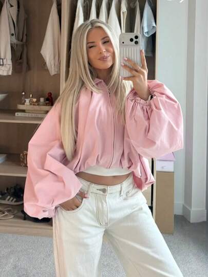 Women's Long Sleeve Casual Sports Minimalist Short Versatile Loose Regular Jacket Pink