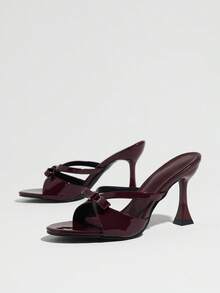 French Style New Elegant Solid Color High Heel Shallow Toe Women's Sandals - Burgundy - View 5