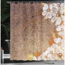 Grunge Shower Curtain, Flowers And Leaves Pattern On Cracked Wall With Floral Lines Classic Design, Cloth Fabric Bathroom Decor Set With Hooks, 70" L - White Brown - View 3