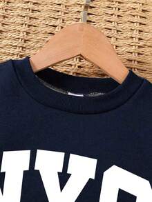 Boys' Letter Print Warm Crew Neck Sweatshirt And Sweatpants - Royal Blue - View 4