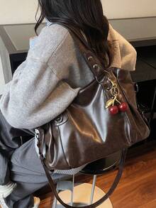 Minimalist Brown PU Tote Bag With Metal Rivet Strap Detail And Cherry Keychain, Lightweight Bag Suitable For School Weekend Outings - Coffee - View 4