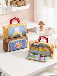 1pc Soft Handle Plaid Print Pencil Case, Large Capacity Stationery Storage Bag, Durable Thickened Fabric Zipper Portable Pencil Pouch, Layered Compartment Design Can Hold Ruler, Neutral Pen, Eraser, Highlighter, Compass And Other Writing Tools, Gentle Healing Cute Animal Pattern With Multiple Color Options, Suitable For Students, Teenagers, Office Workers, Travelers - Multicolor - View 3