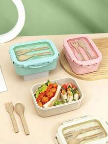 1個日式簡約長方形多格便當盒，內建餐具匙叉，可重複使用食品容器，適合野餐與午餐，適用於學校與辦公室，返校季夏季露營必備，完美的返校禮物選擇 - 彩色 - 查看 11