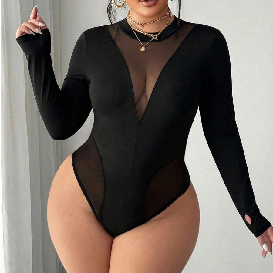 Women's Plus Size Mesh Patchwork Bodysuit, Sexy Women's Bodysuit For Autumn Black Fall - Black - View 1