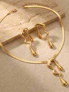 2pcs/Set Fashion Minimalist Golden Liquid Flow + Water Drop Asymmetrical Shape Pendant Necklace & Earrings Set, Suitable For Daily Wear, Party, Holiday Gift - Yellow Gold - View 4