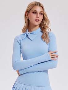 KyrLssu Women Neck Bow Tie Long Sleeve Slim Top, Solid Collar Thumb Hole Cuff Fitted Blouse For Daily Outfit Matching - Blue - View 4