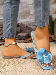 New 2026 Large Size European Style Summer Open Toe Artificial Flower Decor Women's Flat Sandals, Flip Flops, Flat Slippers - Blue - View 4