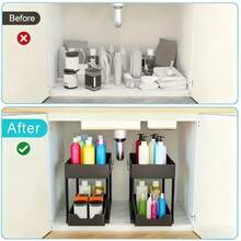 1pc Under Sink Storage Box, Bathroom Cabinet Storage Solution, Double Layer Sliding Basket Drawer, Multi-Function Bathroom Storage Basket, Space-Saving Double Layer Pull-Out Storage Rack - Durable Plastic Kitchen Bathroom Multi-Compartment Design, Suitable For Bottles, Seasonings, Utensils - Easy Access, Neat Countertop Storage For Under Sink Storage, With 8 Hooks - A - View 5