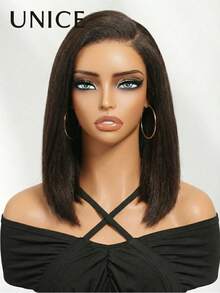 UNice Peruca Bob 7x5 Bye-Bye Slip com Renda, Marrom Chocolate Escuro, Repartição Lateral, Yaki Liso, com Cordão Invisível, Ajustável a Todos os Tamanhos de Cabeça, 100% Cabelo Humano, Pré-Cortada, Pré-Arrancada, Nós Descoloridos, Pronta para Usar, Sem Cola, Densidade de 150%, Amigável para Iniciantes, para Mulheres - S4 - Visão 8