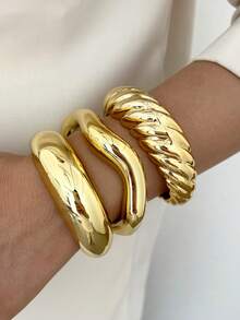3pcs Vintage Casual Twisted Asymmetrical Women's Bracelet Set, Suitable For Daily Wear, Vacation, Holiday, Layering - Yellow Gold - View 4