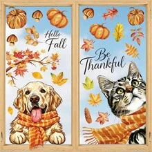 4pcs Autumn Static Window Clings, Featuring Golden Retriever, Cat, Pumpkin, Maple Leaf, Mushroom Patterns, Reusable, Thanksgiving Harvest Glass Stickers, Suitable For Entryway Doors, Windows, Home Decor - Multicolor - View 5