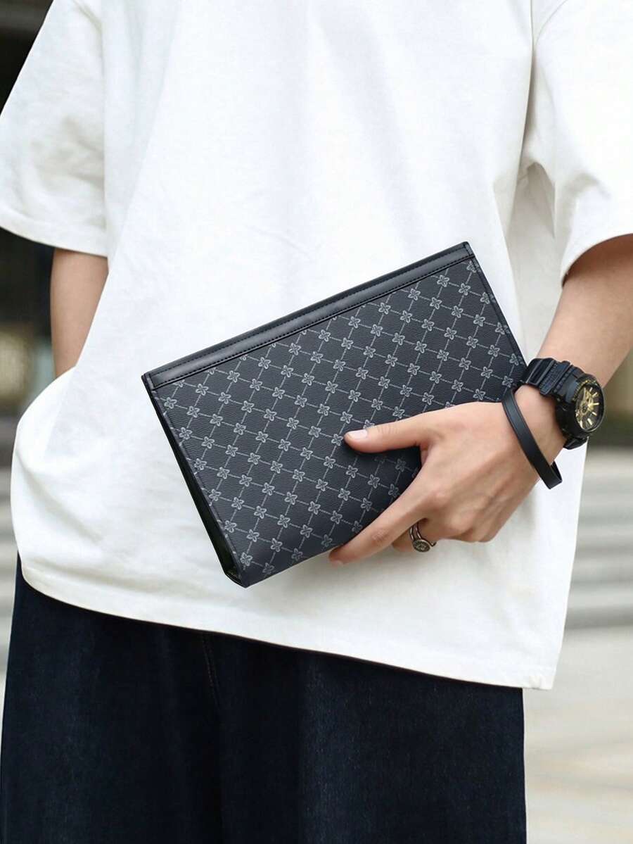 HOVI'S 男士 PU 皮革手拿包,大容量拉鍊手腕包,附可拆卸手腕帶 - 黑色 - 查看 1