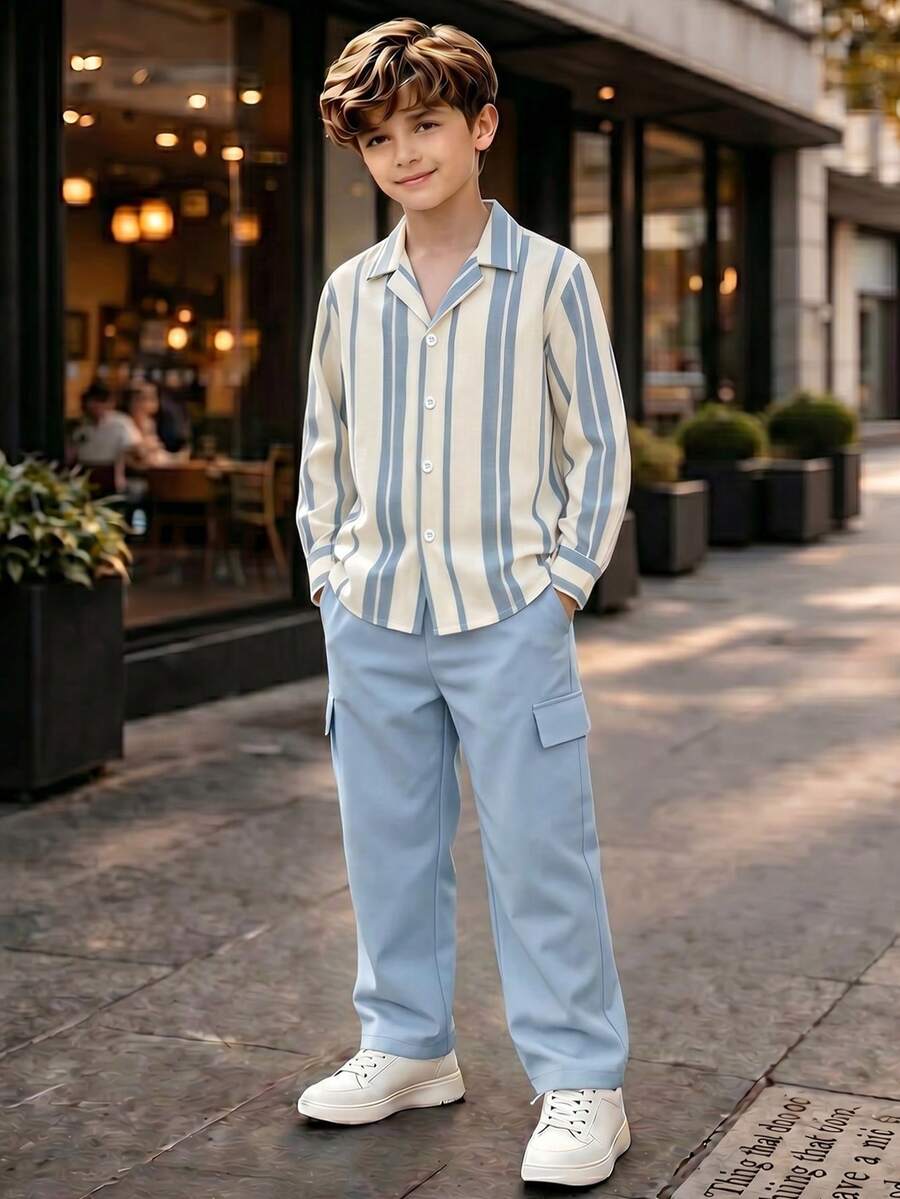 Boys' Spring/Autumn 2 Pieces Set, Turn-Down Collar Vertical Striped Long Sleeve Shirt Paired With Dual-Pocket Cargo Straight Leg Pants, Campus Casual Everyday Outfit - Blue - View 1