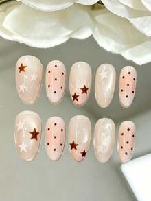 10 Peças Unhas Postiças Estilo Coreano Suave e Doce Y2K Pintadas à Mão Tie Dye Gradiente Rosa Nude Blush Francês Glitter Olho de Gato Marrom Escuro Poá Marrom Escuro e Branco Creme Rosa Estrela Feitas à Mão, Conjunto de Unhas Falsas Brilhantes Removíveis de Cobertura Total, Unhas Ballet, Acessórios de Arte de Unhas, Decoração de Unhas da Moda, Faz os Dedos Parecerem Mais Delgados - Multicolorido - Visão 10