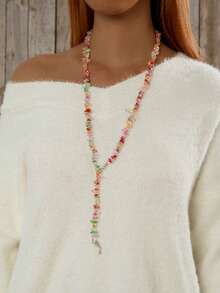 imoli 1 Set/Minimalist Elegant Bohemian Style Multicolor Asymmetrical Stone & Black Bead Double Layer Lasso Long Sweater Necklace Y-Shaped Heart Pendant Adjustable Tassel Chain, Autumn/Winter Layering Accessory, Daily Wear Date Office Neck Decor <Mixed Colors, Random Strands, Random Color Matching> - 27496-colour - View 4