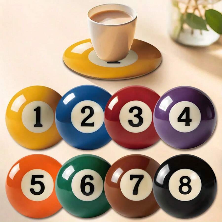 8pcs Billiards Themed Wooden Coasters, Tea Cup Coasters, Coffee, Beverage Mug Coasters, Suitable For Home And Dining, Gift For Parents, Friends, Suitable For All Seasons