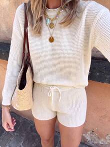 Women's Vacation Style Waffle Knit Set, Round Neck Long Sleeve Knit Top + Drawstring Shorts, Relaxed Home Wear Outfit - White - View 10