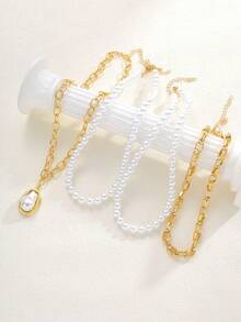 4pcs/Set Layered Fashion Minimalist Elegant Exquisite Vintage Design Geometric Faux Pearl Chain Minimalist Plain Chain Multi-Layer Pendant Necklace Set, Holiday Vacation Party Date Gift, Daily Commute Wear, Personalized - Yellow Gold - View 3