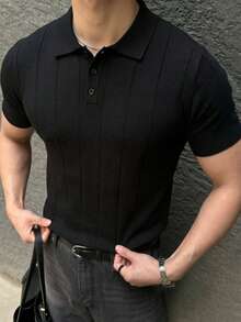 Men's Summer Fashion Ribbed Polo Collar Short Sleeve Sweater, Essential Summer Knit Short Sleeve - Black - View 5