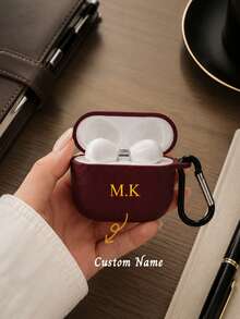 Customized Letter Name (2pcs, Includes Hook) Faux Leather Lychee Texture Earphone Case Suitable For Air Case Pods Pro 2/3 Protective Case, For Air Case Pods 4th Generation Protective Case, Suitable For Wireless Earphones, Protective Shell Case, Soft Shell 2nd Generation Split Simple Protective Case, Customized Letter Name, Christmas Gift, Back To School Season, Valentine's Day Gift, Good Birthday Gift, Holiday Gift - Burgundy - View 1