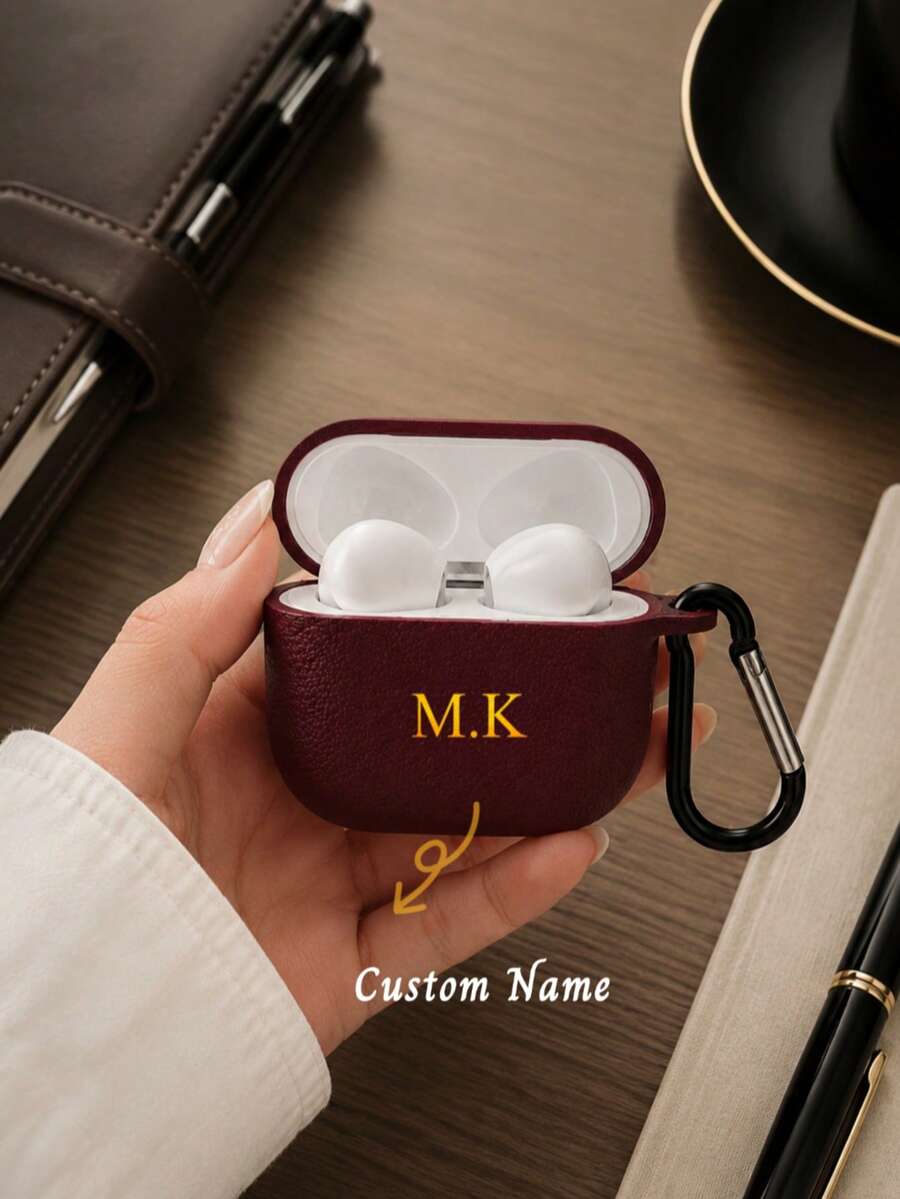 Customized Letter Name (2pcs, Includes Hook) Faux Leather Lychee Texture Earphone Case Suitable For Air Case Pods Pro 2/3 Protective Case, For Air Case Pods 4th Generation Protective Case, Suitable For Wireless Earphones, Protective Shell Case, Soft Shell 2nd Generation Split Simple Protective Case, Customized Letter Name, Christmas Gift, Back To School Season, Valentine's Day Gift, Good Birthday Gift, Holiday Gift - Burgundy - View 1