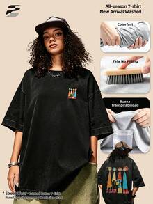 230g Washed Double-Sided Printed Short Sleeve-Shirt, Round Neck Relaxed Fit Casual Tee, Soft Lightweight Versatile Basic Top Daily Wear. - Black - View 4