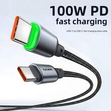 TZLRXL USB C To USB C Fast Charging Cable Nylon Braided With LED Light Durable Data Sync Cable For Smartphones And Tablets - Blue - View 4