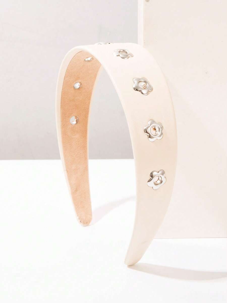 1件韓式純色PU皮革梅花金屬孔眼寬版髮箍,創意嘻哈風,高品質,假期必備,女裝穿搭配件,精緻髮飾頭飾,適合送給朋友的禮物 - FG1526-白色 - 查看 1