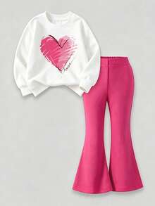 Tween Girl Heart Print Crew Neck Sweatshirt And Flare Pants - Pink - View 2