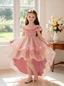 Young Girls Sequin Mesh Puff Princess Dress Elegant Party Train Gown Suitable For Banquet Stage, Headband Not Included - Dusty Pink - View 3