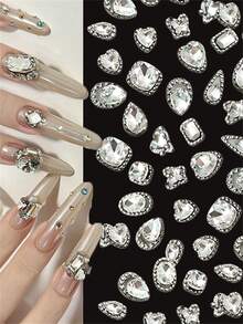 12 pièces Mélange de cadres argentés de luxe avec diamants transparents, strass pour nail art, ovale/carré gras/cœur/papillon, décoration de cristal pour ongles, gemme pour ongles DIY 10mm - Transparent - Voir 6