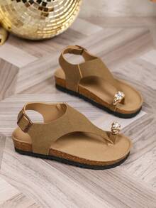 1 Pair Toddler Anti-Slip Soft Cork Sole Toe Strap Sandals With Rhinestone Decor And Adjustable Buckle, Suitable For Summer Daily Wear - Brown - View 3