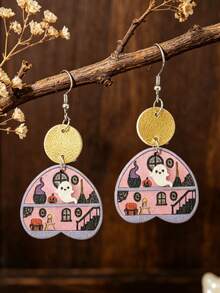 1 Pair Cute Ghost Haunted House Wooden Earrings, Gold Round Disc Patchwork Gothic Style Halloween Dangle Earrings - Multicolor - View 3
