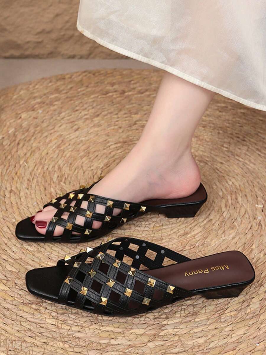 Women's Mesh Rivet Square Toe Flat Slide Sandals, Hollow Toe Closed Mule Slippers, Punk Cool Slouchy Slides, Summer Commute Streetwear Versatile Niche Slimming Casual Closed Toe Sandals - Black - View 1