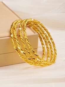 4Pcs 21K Gold Plated Twisted Banajer Bracelets Set For Women, Textured Rope Wave Stackable Bangles, Dubai Bridal Saudi Wedding Jewelry Gift - 01 - View 8