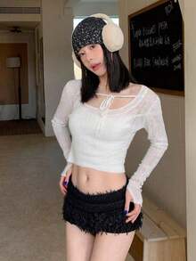 Sommer Einfarbig Rundhals Langarm Kordelzug Distressed Lässig Damen Pullover Strand Cover-Up - Weiss - Übersicht 4