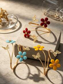 1pc/3pcs Gentle Fresh Hollow Butterfly Handmade Drip Oil 3D Five-Petal Flower Open Cuff Bracelet For Women, Summer Outings And Daily Wear - Multicolor - View 1