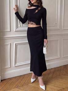 ODALIA Women's Elegant Black 2-Piece Set, One-Shoulder Long Sleeve Cropped Top Paired With Elegant Slim-Fit Long Skirt, Decorated With Semi-Transparent Lace And Hollow-Out Design, Summer Casual 2026 New Arrival, Fall Set, Women's Autumn/Winter Clothing, Women's Elegant Outfit, Back To School - Black - View 4