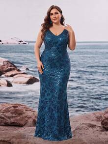 BluePlum Gaun Malam Model Duyung Tanpa Lengan Berkerah V dengan Hiasan Payet Ukuran Plus yang Elegan untuk Pesta Pernikahan Musim Gugur - Teal Blue - View 5