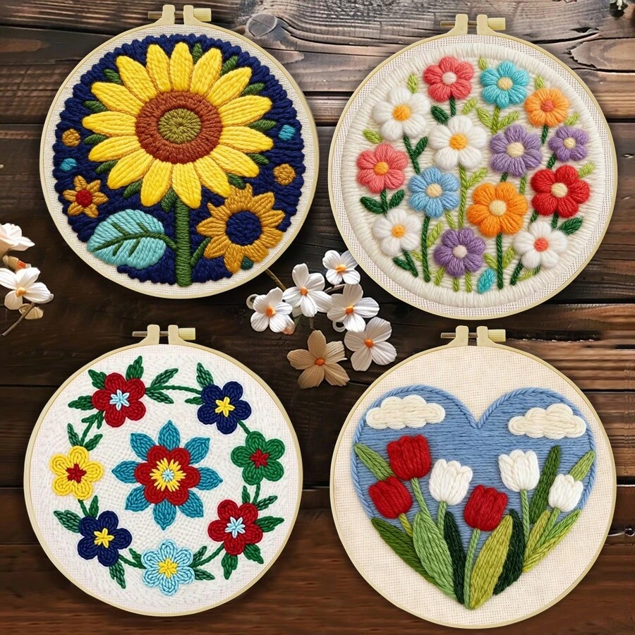 DIY Punch Needle Embroidery Set For Beginners. Includes Punch Needle, Thread, Manual, Hoop & Pre-Printed Fabric. Colorful Floral Landscape Patterns. Creative Craft For Wall Decor & Gifting. 2D Printed Set. 20x20cm/7.87in.