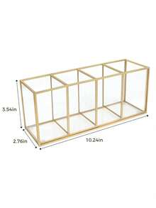 Makeup Brush Holder 3/4 Compartment Glass And Brass Cosmetic Storage 19.5*7*9cm Vintage Makeup Storage Box - Clear - View 5