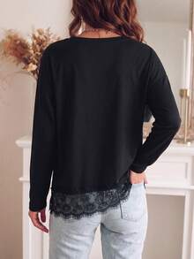 Plus Size Women Solid Color Contrast Lace Hem Long Sleeve Top - Black - View 6